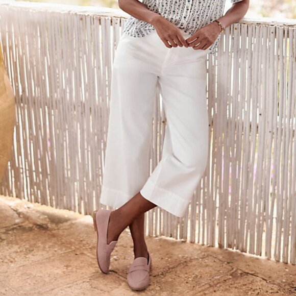 Garnet Hill Cropped Wide-Leg Chinos Size 12 White Khaki Pants Pima Cotton Blend - Picture 1 of 14